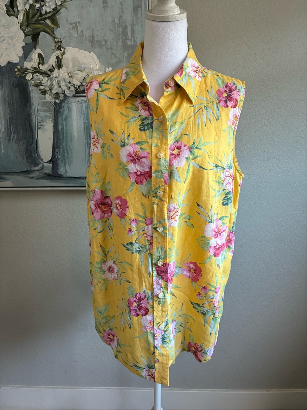 Lauren Ralph Lauren Linen Yellow Tropical Floral Sleeveless Button-Down